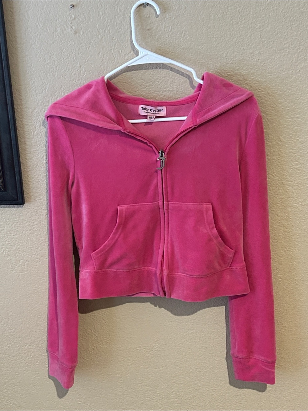 Juicy Couture Pink Velour Cropped Hoodie Rhinestone Logo Y2K Small